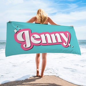 Retro Style Personalized Beach Towel, Custom Name Bath Towel, Birthday Summer Vacation Gift for Kids, Bride Bachelorette Party, Neon Colors