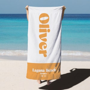 Custom Name and Text Beach Towel with Retro Font, Personalized Summer Camp Towels, Bachelorette Party Gift, Lake Beach House Towels