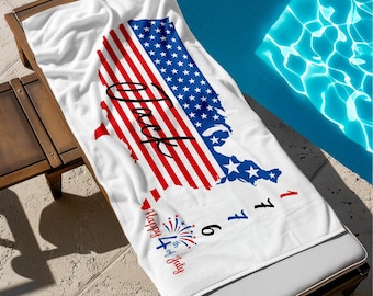 Custom Patriotic Beach Towel, Personalized 4th of July Towel with American Flag, Red White Blue Gift for Independence Day & USA Lovers