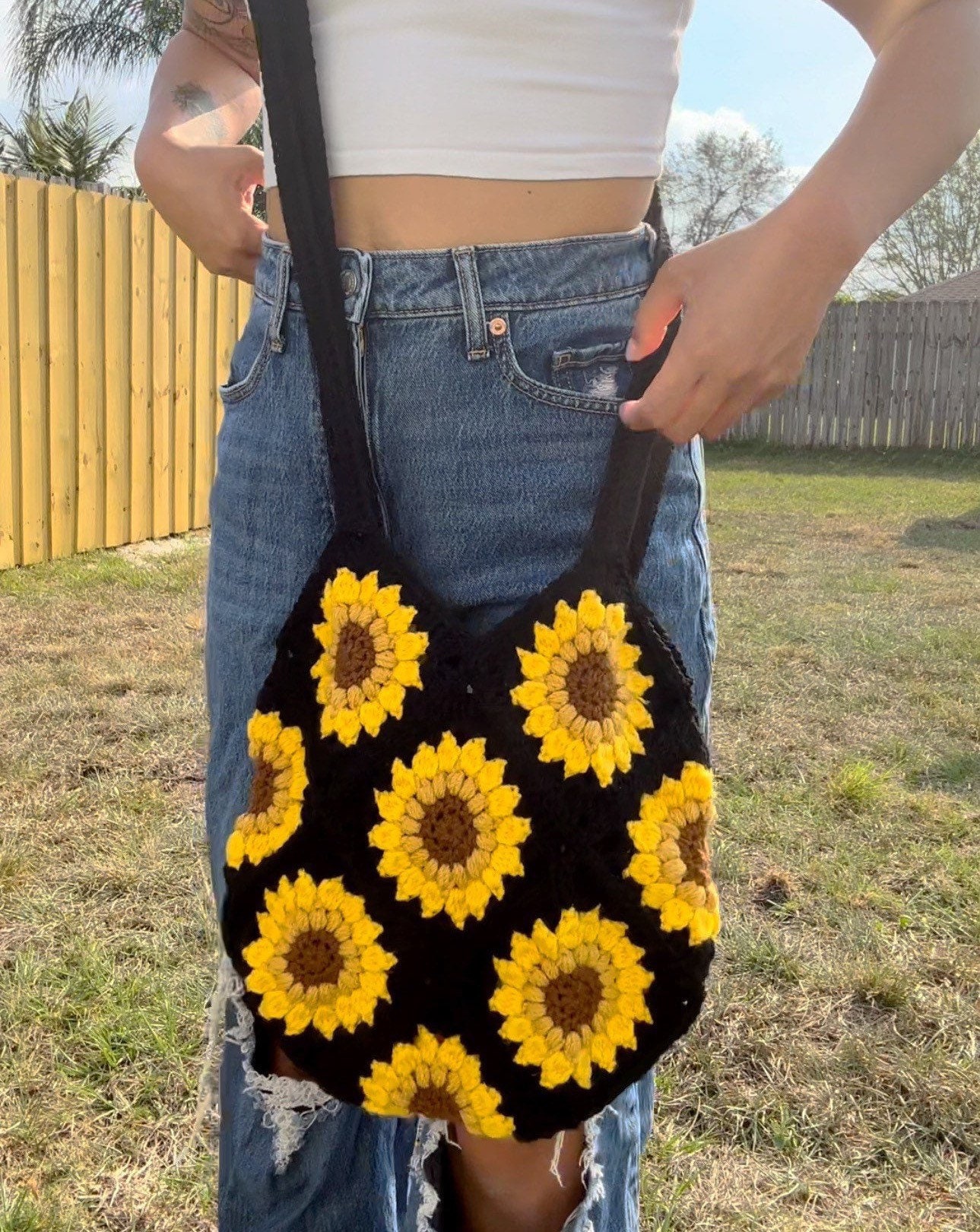 Crochet Sunflower Bag | Granny Square Crossbody | Sunflower Tote