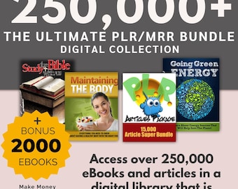 May include: A digital product bundle with over 250,000 eBooks and articles. The bundle includes a bonus of 2,000 eBooks. The image shows three book covers: "Study Bible", "Maintaining The Body", and "Going Green Energy".