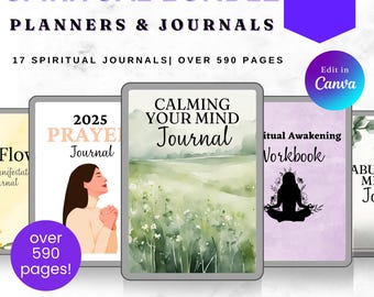 May include: A digital product bundle of 17 printable spiritual journals and workbooks. The covers feature watercolor backgrounds with inspirational text, including "2025 Prayer Journal", "Calming Your Mind Journal", and "Spiritual Awakening Workbook".