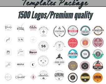 以下が含まれることがあります： 「The Ultimate Logo Templates Package」と「1500 Logos/Premium quality」のテキストが入ったロゴテンプレートのコレクション。ロゴは、ヴィンテージやモダンなど様々なスタイルで、「PSD/AI/EPS format」のラベルが付いています。