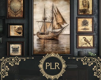 May include: A collection of 50 vintage wall art prints in black frames. The prints feature a variety of subjects, including a ship sailing on the ocean, a bird perched on a branch, a tree, and a typewriter. The prints are all in a vintage style, with a faded and textured look.