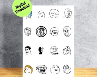 Printable Meme Stickers | Printable Sheet | 15 Ragefaces | JPG, PNG, Tiff, PSD | Digital Download