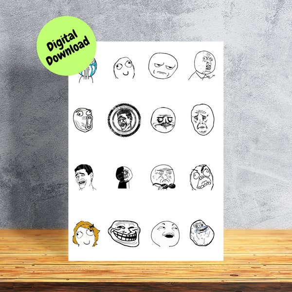 Printable Meme Stickers | Printable Sheet | 15 Ragefaces | JPG, PNG, Tiff, PSD | Digital Download