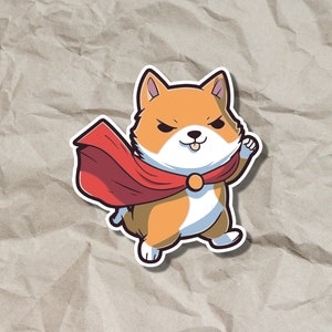 Shiba Inu Dog Superhero Sticker, Am hero, so power, very save doge wearing hero cape, Dog Meme Sticker
