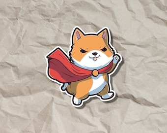 Shiba Inu Dog Superhero Sticker, Am hero, so power, very save doge wearing hero cape, Dog Meme Sticker