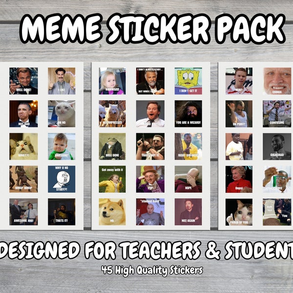 Meme-stickerpakket | 45 stickerbundel | voor docenten, leerlingen en studenten | Inspireren, motiveren, decoreren | Afdrukken van hoge kwaliteit