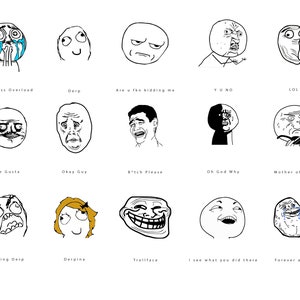 May include: A collection of 15 popular internet memes, including 'Forever Alone', 'Trollface', 'Y U NO', 'Me Gusta', 'Okay Guy', 'Derpina', 'Raging Derp', 'Btch Please', 'Oh God Why', 'Mother of God', 'LOL', 'Derp', 'Are u fkn kidding me', 'Cuteness Overload', and 'I see what you did there'.
