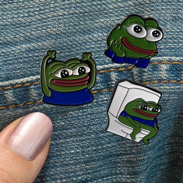 Pepe Meme Pin Bundle | 3 Pepe Enamel Pin Badges mit Verschluss | Pepo Meme Pin Pack | PepeHappy, PepePooPoo, PepeHype