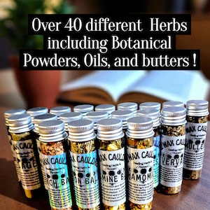 May include: A collection of small glass vials with silver lids, filled with various herbs and botanicals. The labels read "Wax Cauldrons Healing Herbs & Flowers" and list different herbs. Text at the top reads "Over 40 different Herbs including Botanical Powders, Oils, and butters!"