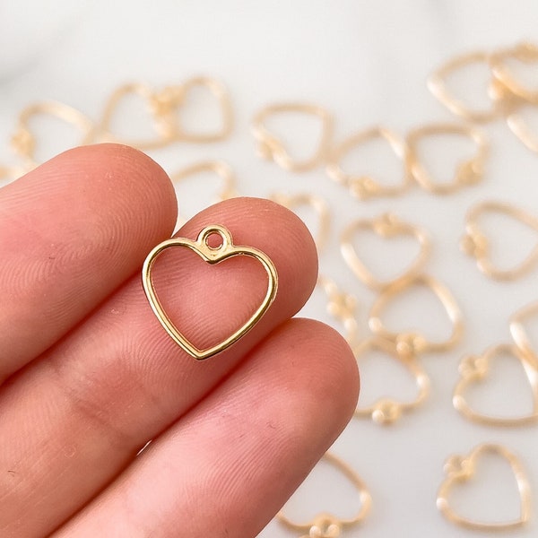 10x Gold heart open back bezels for resin jewellery, hollow heart necklace pendant charms for resin crafts, small heart open back bezels