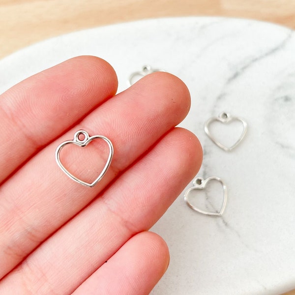 10x Silver heart open back bezel for resin jewellery making, small hollow charms, open back necklace pendant bezels diy resin jewellery