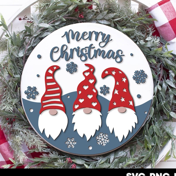 Merry Christmas svg png Christmas gnomes door hanger svg Christmas sign laser cut files Round wood sign template Glowforge svg Files cricut