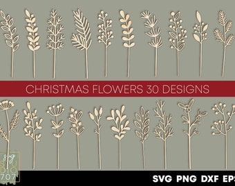 Christmas wood flowers svg png Winter wild flower svg Christmas bouquet laser cut files Christmas wreath Christmas branches decor Glowforge