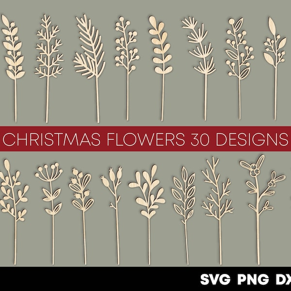 Christmas wood flowers svg png Winter wild flower svg Christmas bouquet laser cut files Christmas wreath Christmas branches decor Glowforge