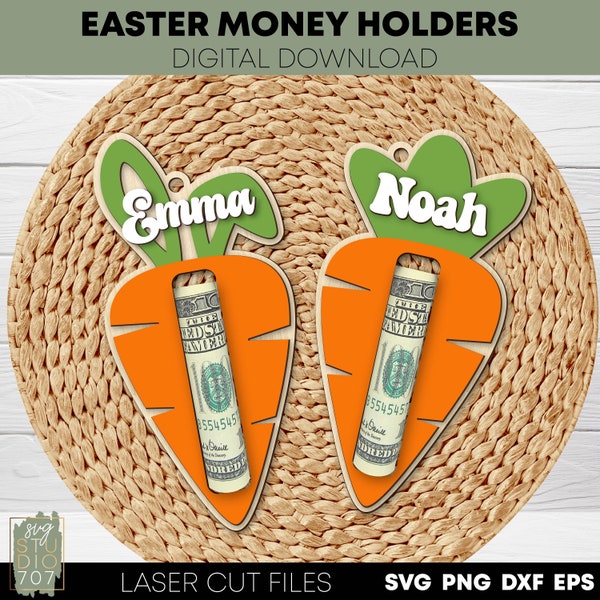 Easter money holders laser cut files Easter carrot basket name tag svg Banknote holder Personalized money gift Glowforge Digital download