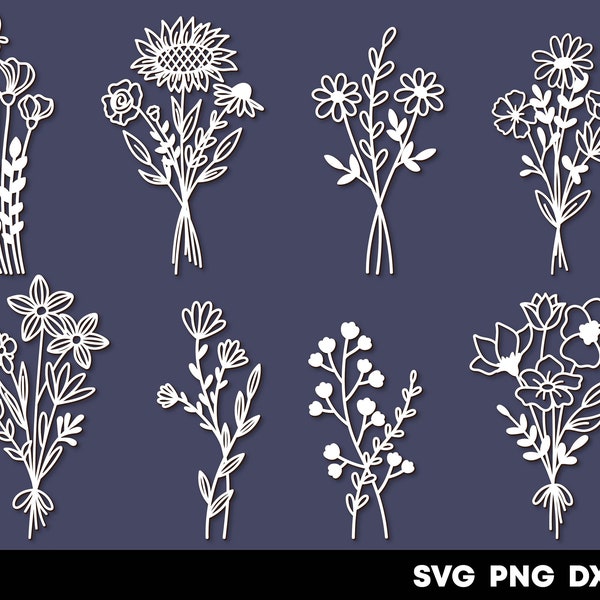 Bouquet de fleurs sauvages svg png Dessiné à la main Wild flower fichiers découpés au laser Floral svg Clipart de fleurs sauvages Fichier svg de fleur sauvage pour cricut Glowforge