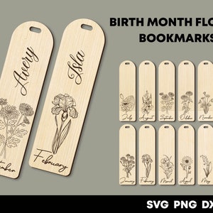 Birth month flower bookmark svg Name bookmark template Aesthetic bookmark with tassel Personalized Floral bookmark for women Wood bookmark