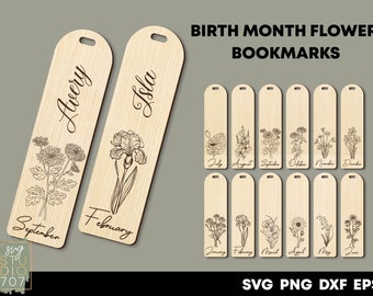 Birth month flower bookmark svg Name bookmark template Aesthetic bookmark with tassel Personalized Floral bookmark for women Wood bookmark