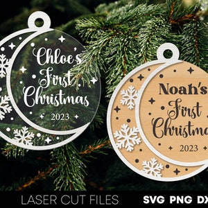 Baby first christmas ornament 2023 svg My first christmas personalized svg Glowforge ornament Laser cut files Babys first Baby’s first svg