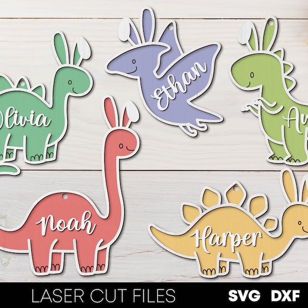 Kids easter basket tags svg Dinosaur with bunny ears tags Wooden easter name tags svg Easter gift tag svg laser cut files Glowforge files