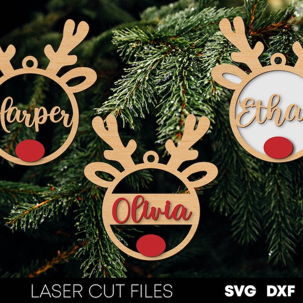 Adorno de reno svg Adornos navideños personalizados svg Nombre adorno archivos cortados con láser Adornos de madera en blanco Regalo de Navidad svg Glowforge