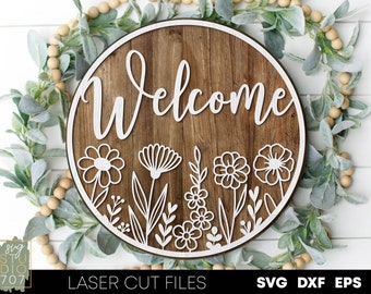 Welcome door hanger svg Wildflower door hanger sign laser cut files Wooden round door hanger template Summer svg files for cricut Glowforge