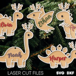 Kids ornaments svg Dinosaur christmas ornaments svg Name ornament laser cut files Personalized wood ornaments Christmas gift svg Glowforge