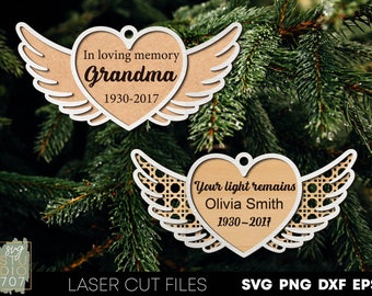 Angel wings memorial ornament svg Personalized christmas ornaments Rattan ornament laser cut files Remembrance ornament Glowforge files
