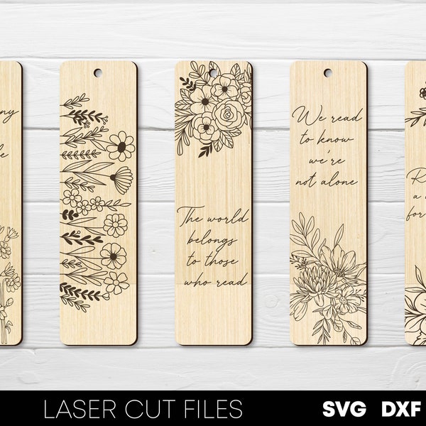 Ensemble signet floral svg modèle signet en bois signet gravé fichiers découpés au laser cadeau pour les amoureux des livres cadeau enseignant fichiers svg Glowforge