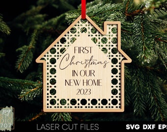 First christmas in our new home ornament 2023 House ornament laser cut files Rattan christmas ornaments template Wood ornament Glowforge