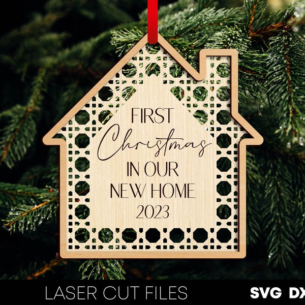 First christmas in our new home ornament 2023 House ornament laser cut files Rattan christmas ornaments template Wood ornament Glowforge