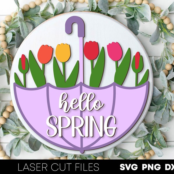 Hello spring sign svg Spring door hanger template Umbrella with tulip front door sign laser cut files Easter svg files cricut Glowforge file