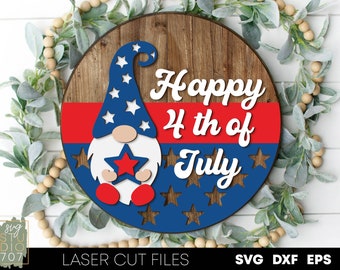 Happy 4th of July door hanger svg Welcome sign svg laser cut file Gnomes door hanger template Fourth of July svg file for cricut Glowforge