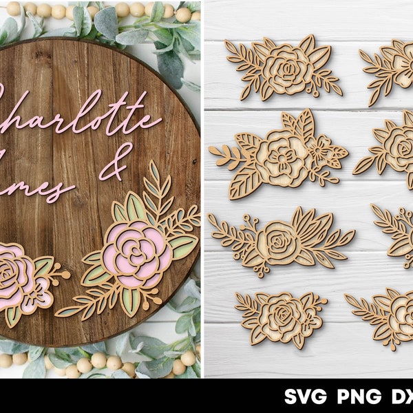 Signo floral paquete svg Signo de guardería svg Signo de boda archivos cortados con láser Percha de puerta de flores svg Sr. y Sra. svg Archivos florales para cricut glowforge