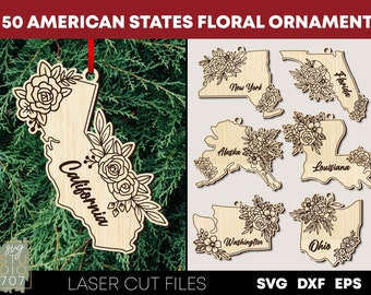 50 USA states floral ornament svg bundle Christmas ornament engraved laser cut file Long distance gift idea Best friend gift Glowforge files