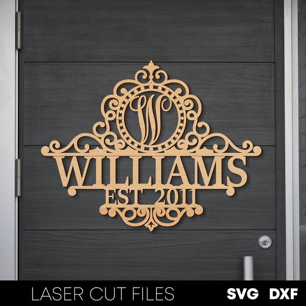 Family monogram door hanger svg Last name monogram front door sign template Monogram alphabet letters svg laser cut files Glowforge