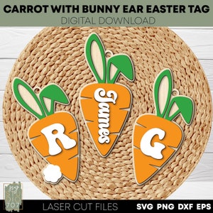 Carrot with bunny ears easter basket tags svg laser cut files Alphabet letter A-Z tags svg set Easter gift tags svg Personalized basket tag