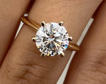 Engagement Ring 3 Carat Round Moissanite Solitaire Six Prong Knife Edge Basket Wedding Band