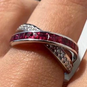 Princess Cut Ruby Diamond Criss Cross Ring, Round Lab Grown Diamond Infinity Ring, 14K Gold Ruby Bypass Ring, Anniversary Gift for Her