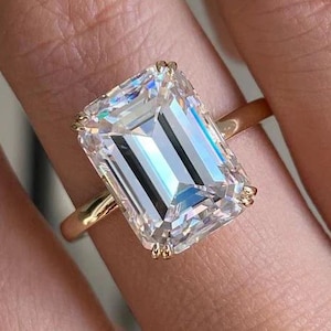 Moissanite Ring 3.90 Ct Emerald Cut Solitaire Engagement 14K Gold Elongated Emerald Band, yellow gold ring, moissanite ring