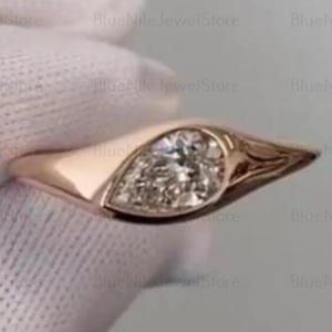 Unique Teardrop East West Pear Cut Moissanite Engagement Ring, 14k Rose Gold Antique Bezel Set Solitaire Wedding, Anniversary Gift For Her