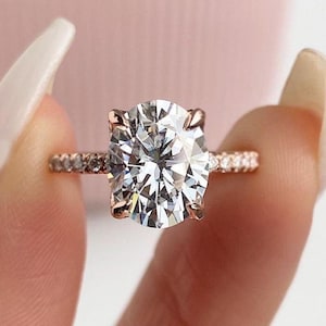 18K Solid Gold Oval Moissanite Engagement Ring 2.20 CT Hidden Halo Eternity Pave Promise Ring Anniversary Gift