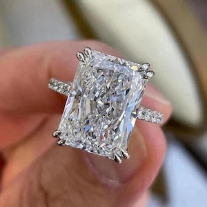 4 Ct Radiant Cut Moissanite Engagement Ring Classic 4 Claw Double Prongs Pave Bridal Ring, Hidden Halo Pave Wedding Anniversary Gift