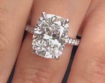 Cushion Cut Moissanite Engagement Ring, 14k White Gold Hidden Halo, Pave Band