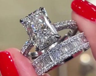 Conjunto de alianças de noivado de moissanita com corte radiante de 2,70 ct para mulheres, presente de aniversário de casamento para ela