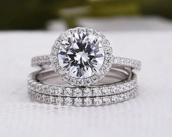 Attractive Round Cut Halo Moissanite Engagement Ring Set 3Piece Pave Wedding Band Set White Gold Stackable Bridal Ring Set For Anniversary