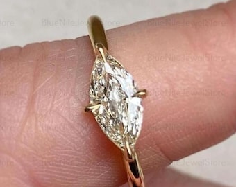 Anillo de compromiso de moissanita con corte marquesa delicado / Solitario de oro amarillo de 14 k